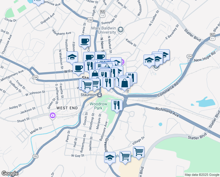 map of restaurants, bars, coffee shops, grocery stores, and more near 100 Greenview Drive in Staunton