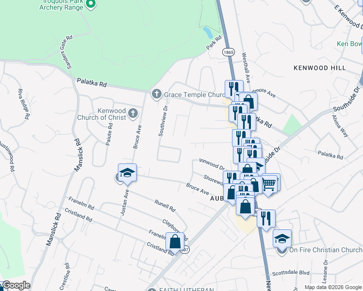 map of restaurants, bars, coffee shops, grocery stores, and more near 107 Southview Terrace in Louisville