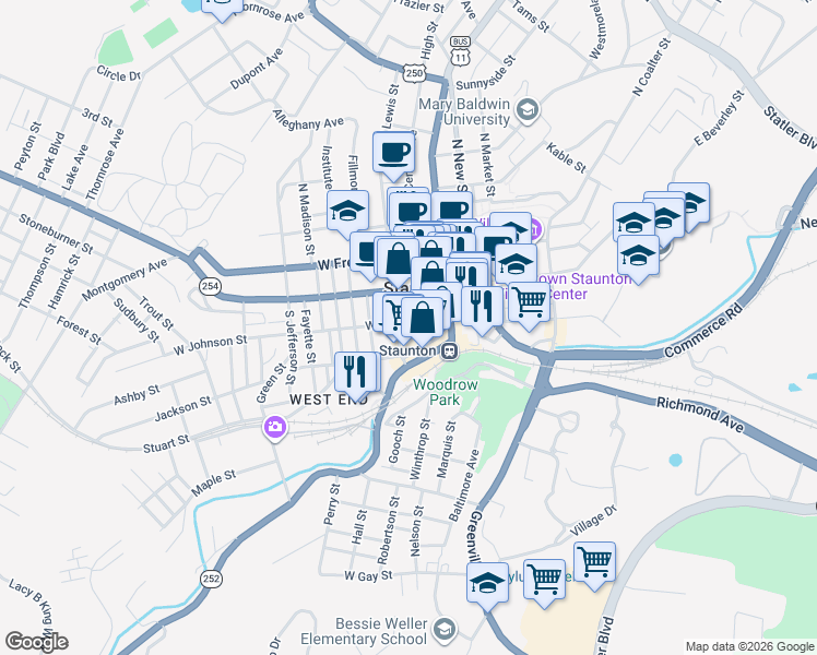 map of restaurants, bars, coffee shops, grocery stores, and more near 121 South Lewis Street in Staunton