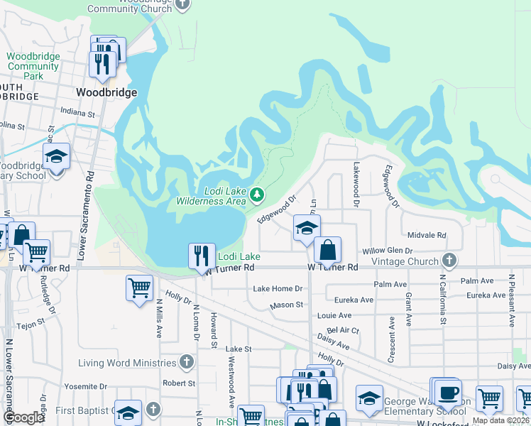 map of restaurants, bars, coffee shops, grocery stores, and more near 2018 Edgewood Drive in Lodi