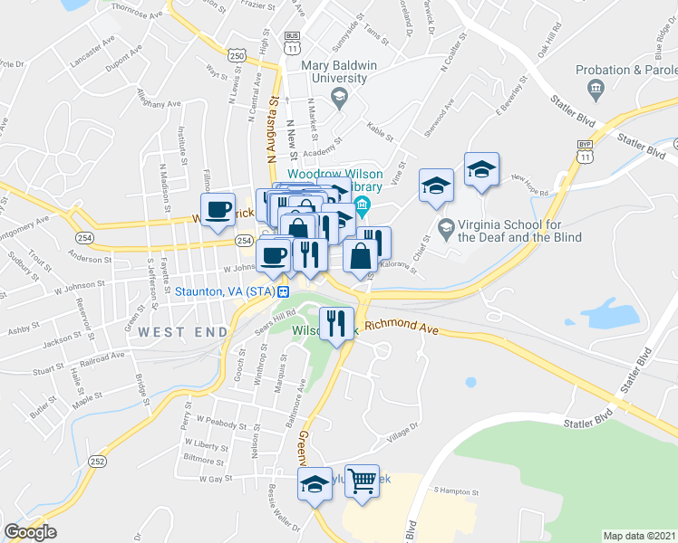 map of restaurants, bars, coffee shops, grocery stores, and more near 208 Kalorama Street in Staunton