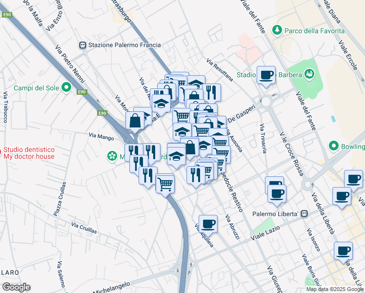map of restaurants, bars, coffee shops, grocery stores, and more near 110 Via Alcide De Gasperi in Palermo