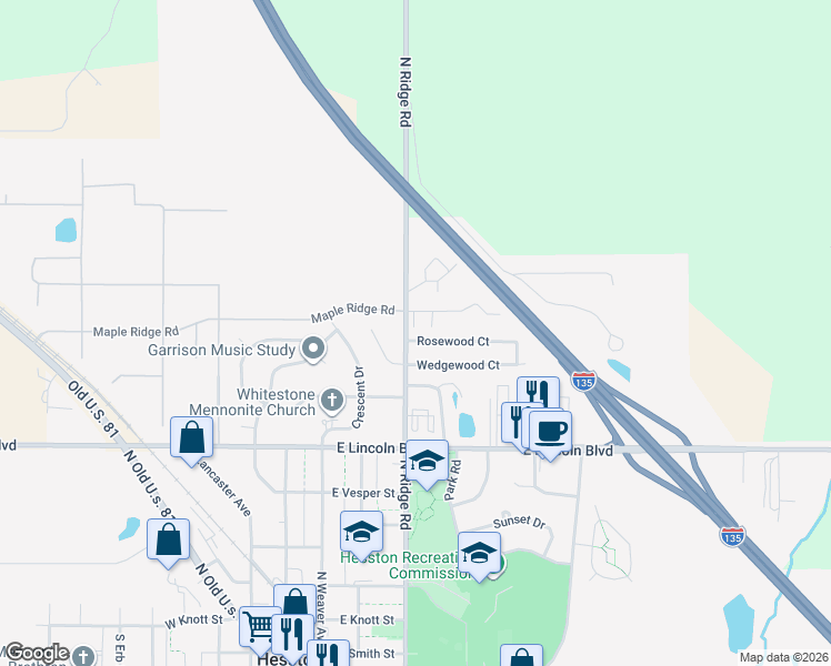 map of restaurants, bars, coffee shops, grocery stores, and more near 301-305 Rosewood Court in Hesston