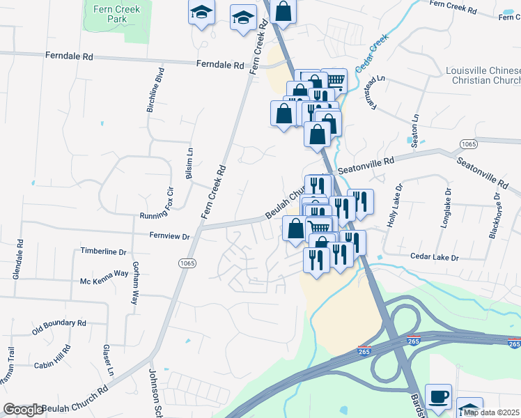 map of restaurants, bars, coffee shops, grocery stores, and more near 9113 Beulah Church Road in Louisville