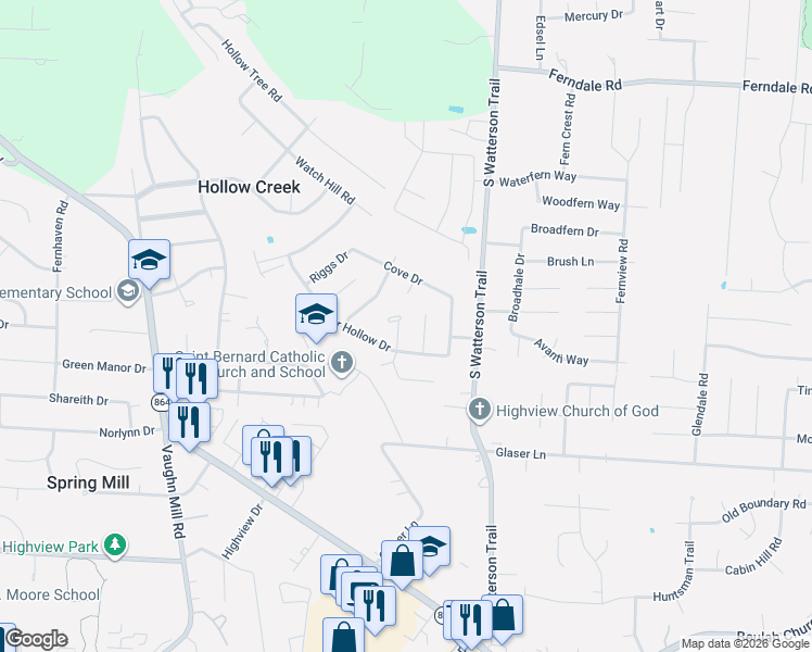 map of restaurants, bars, coffee shops, grocery stores, and more near 6909 Oakview Court in Louisville