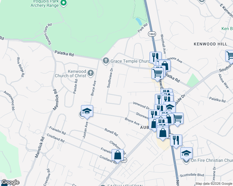 map of restaurants, bars, coffee shops, grocery stores, and more near 107 Southview Terrace in Louisville