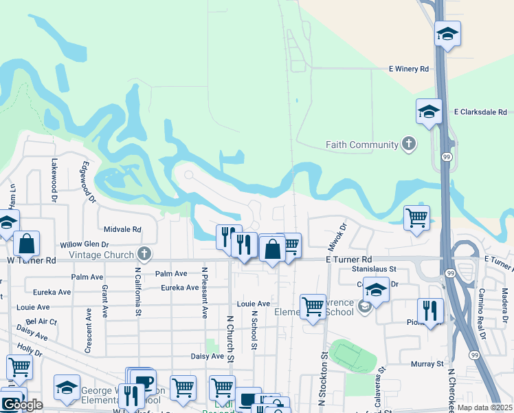 map of restaurants, bars, coffee shops, grocery stores, and more near 1135 Rivergate Drive in Lodi