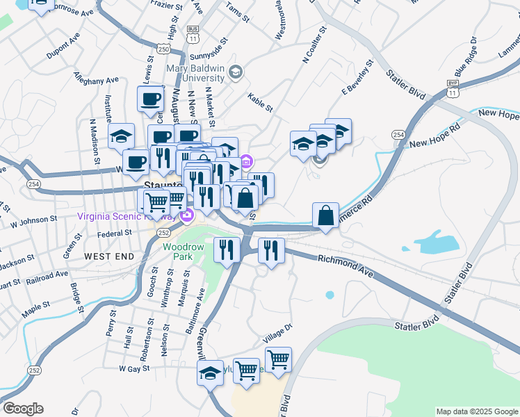 map of restaurants, bars, coffee shops, grocery stores, and more near 107 South Coalter Street in Staunton