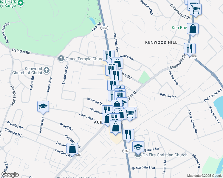 map of restaurants, bars, coffee shops, grocery stores, and more near 5440 New Cut Road in Louisville