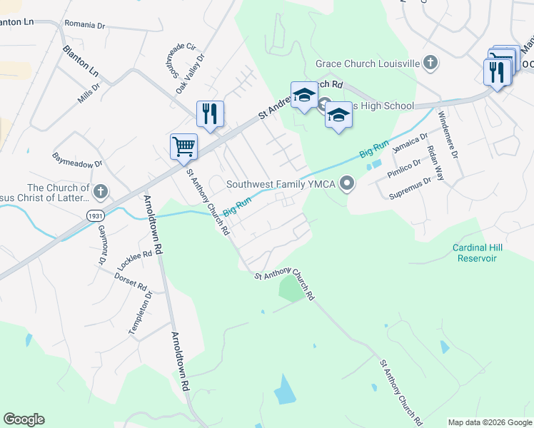 map of restaurants, bars, coffee shops, grocery stores, and more near 3105 Springfield Drive in Louisville