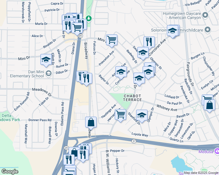 map of restaurants, bars, coffee shops, grocery stores, and more near 425 Baylor Drive in Vallejo