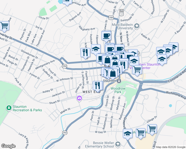 map of restaurants, bars, coffee shops, grocery stores, and more near 501 West Johnson Street in Staunton