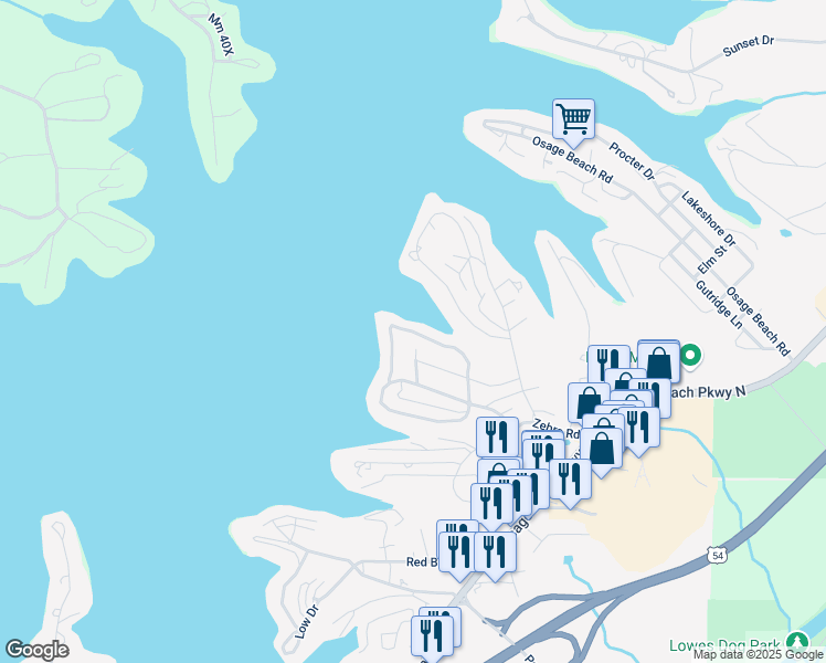 map of restaurants, bars, coffee shops, grocery stores, and more near 2489 Greenwood Circle in Osage Beach