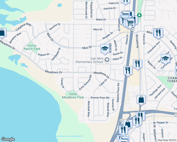 map of restaurants, bars, coffee shops, grocery stores, and more near 318 Meadows Drive in Vallejo