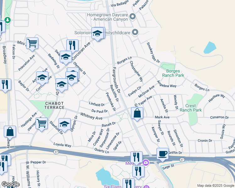 map of restaurants, bars, coffee shops, grocery stores, and more near 166 Radcliffe Drive in Vallejo