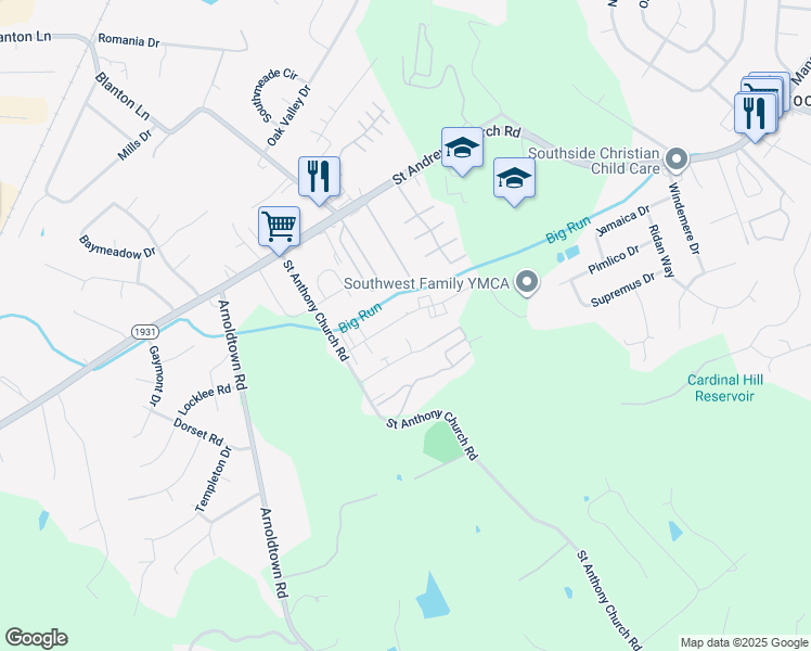 map of restaurants, bars, coffee shops, grocery stores, and more near 3104 Fordhaven Road in Louisville