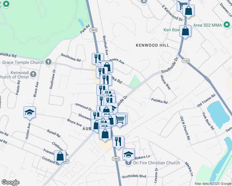 map of restaurants, bars, coffee shops, grocery stores, and more near 7324 Southside Drive in Louisville