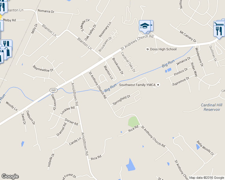 map of restaurants, bars, coffee shops, grocery stores, and more near 3204 Fordhaven Road in Louisville