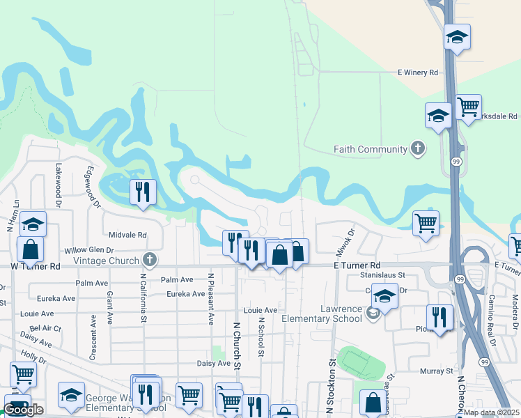 map of restaurants, bars, coffee shops, grocery stores, and more near 1142 Rivergate Drive in Lodi