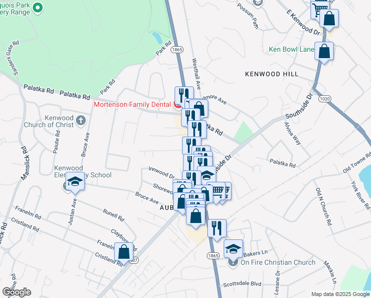 map of restaurants, bars, coffee shops, grocery stores, and more near 5440 New Cut Road in Louisville