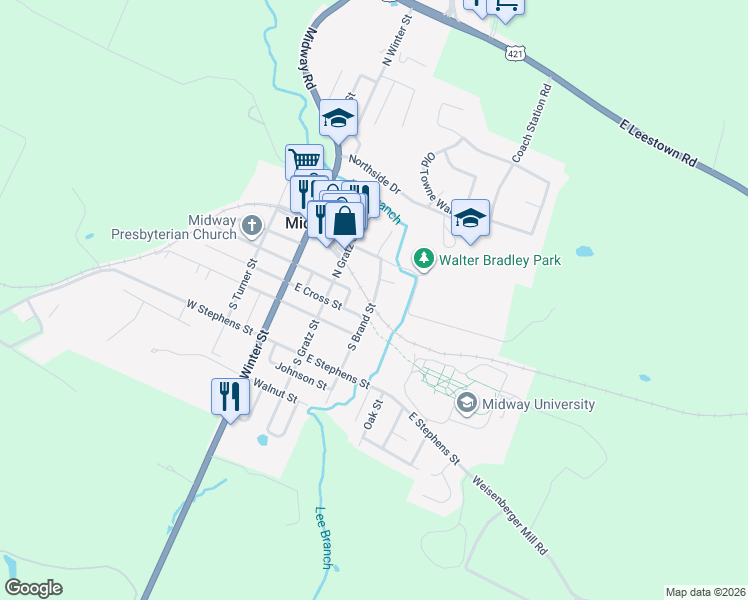 map of restaurants, bars, coffee shops, grocery stores, and more near 100 North Brand Street in Midway