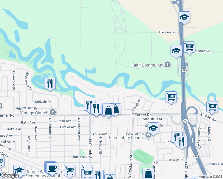 map of restaurants, bars, coffee shops, grocery stores, and more near 122 River Pointe Circle in Lodi