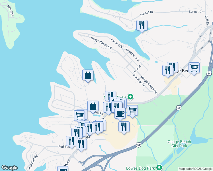 map of restaurants, bars, coffee shops, grocery stores, and more near 4430 Cove Road in Osage Beach