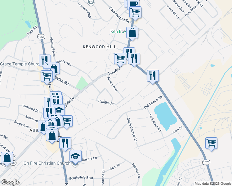 map of restaurants, bars, coffee shops, grocery stores, and more near 105 Lenoak Drive in Louisville