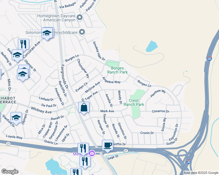 map of restaurants, bars, coffee shops, grocery stores, and more near 237 Jill Lane in Vallejo