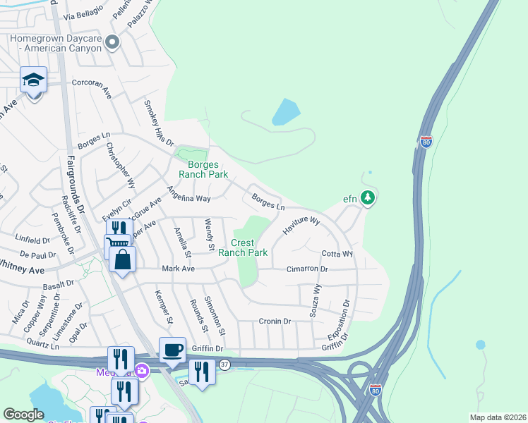 map of restaurants, bars, coffee shops, grocery stores, and more near 286 Genoa Court in Vallejo