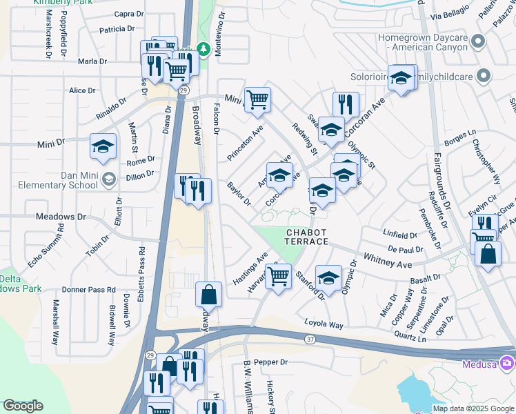 map of restaurants, bars, coffee shops, grocery stores, and more near 425 Baylor Drive in Vallejo