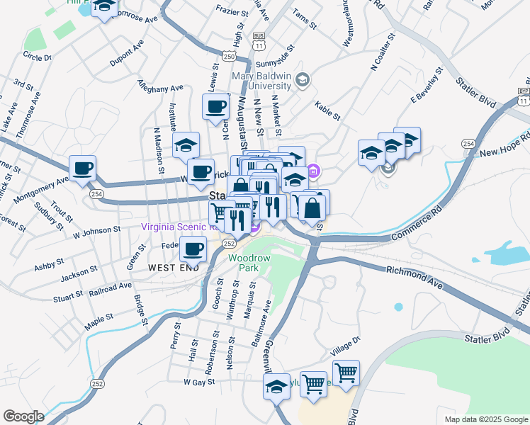 map of restaurants, bars, coffee shops, grocery stores, and more near 100 Greenview Drive in Staunton