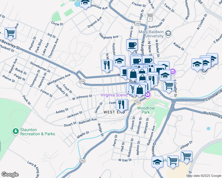 map of restaurants, bars, coffee shops, grocery stores, and more near 101 Madison Place in Staunton