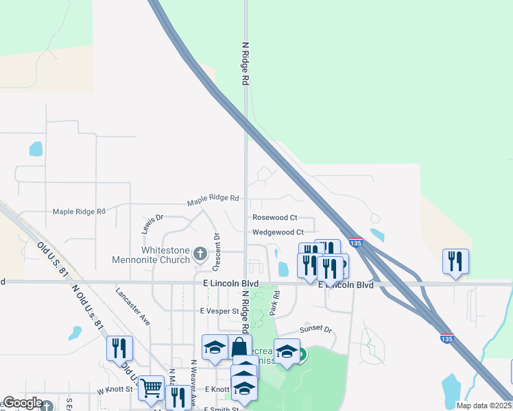 map of restaurants, bars, coffee shops, grocery stores, and more near 301-305 Rosewood Court in Hesston