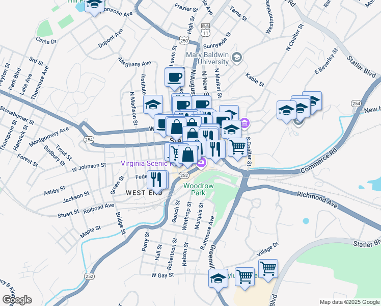 map of restaurants, bars, coffee shops, grocery stores, and more near 121 South Lewis Street in Staunton