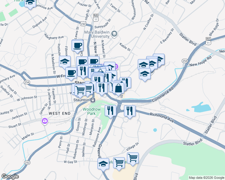 map of restaurants, bars, coffee shops, grocery stores, and more near 215 Kalorama Street in Staunton