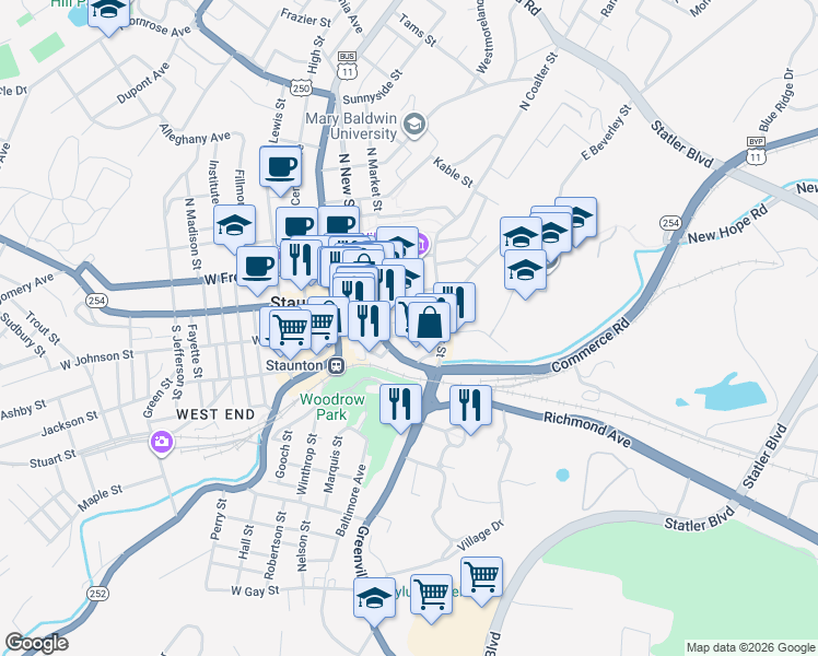 map of restaurants, bars, coffee shops, grocery stores, and more near 215 Kalorama Street in Staunton