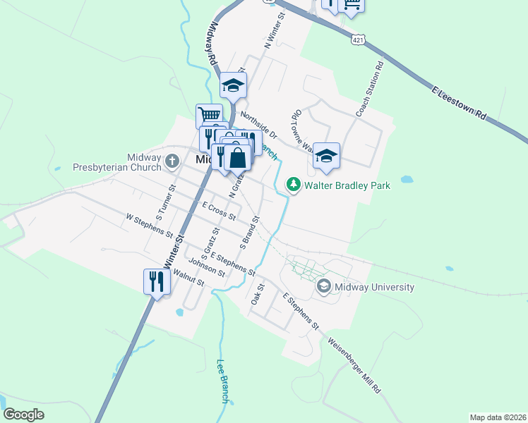 map of restaurants, bars, coffee shops, grocery stores, and more near 100 North Brand Street in Midway