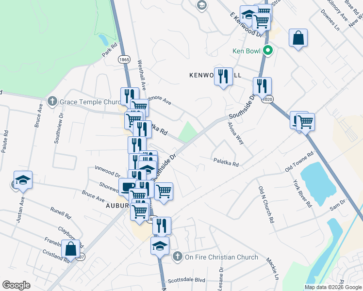 map of restaurants, bars, coffee shops, grocery stores, and more near 7300 Southside Drive in Louisville