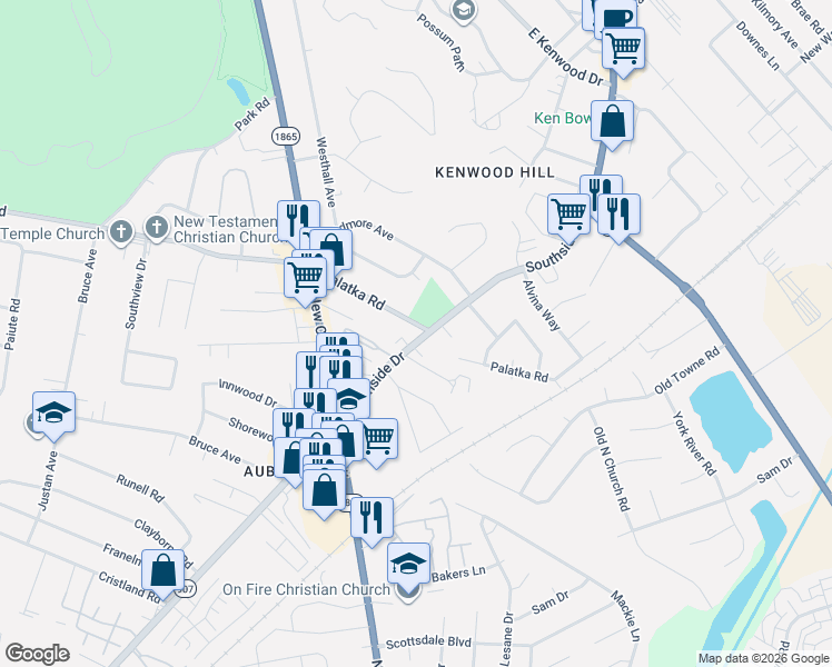 map of restaurants, bars, coffee shops, grocery stores, and more near 7310 Southside Drive in Louisville