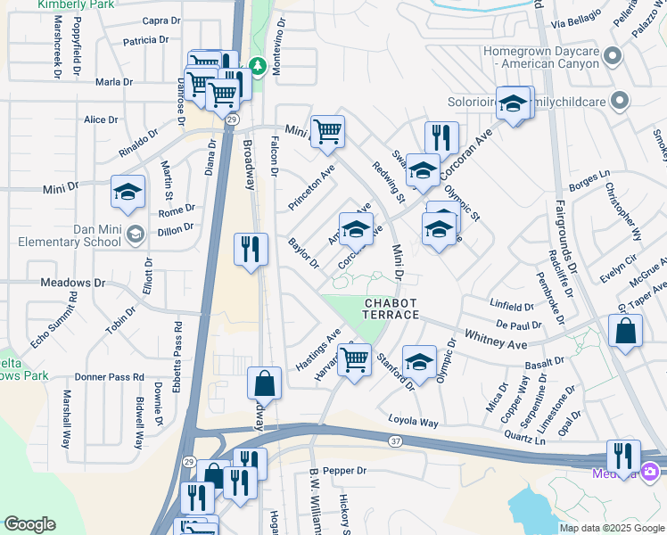 map of restaurants, bars, coffee shops, grocery stores, and more near 425 Baylor Drive in Vallejo