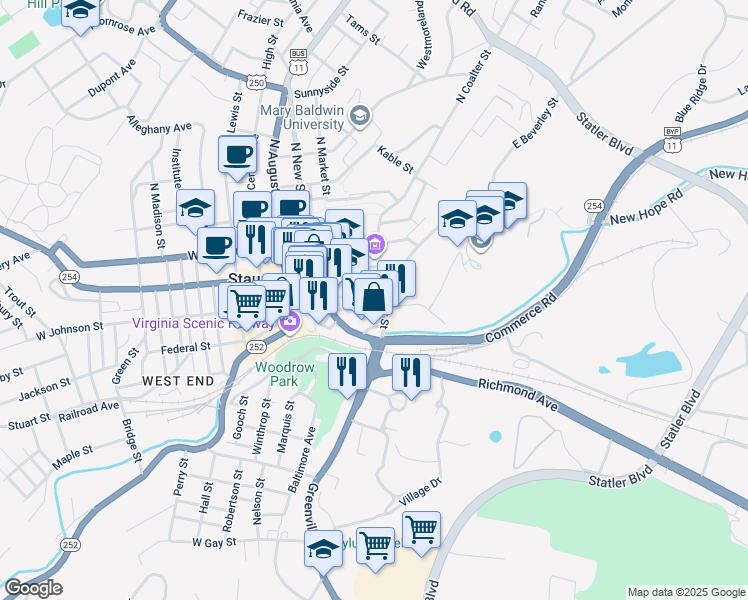 map of restaurants, bars, coffee shops, grocery stores, and more near 201 State Street in Staunton