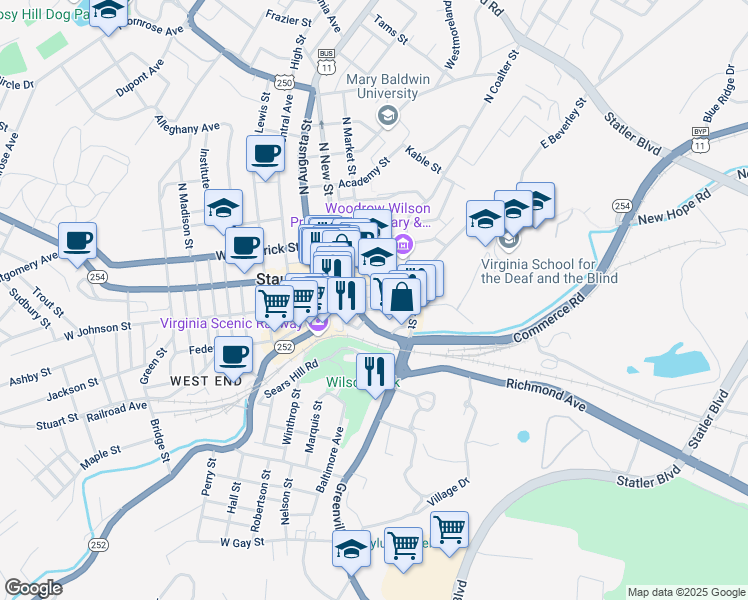map of restaurants, bars, coffee shops, grocery stores, and more near 201 State Street in Staunton