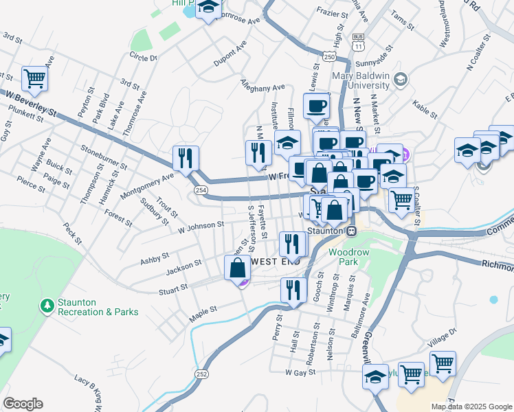map of restaurants, bars, coffee shops, grocery stores, and more near 106 Fayette Street in Staunton