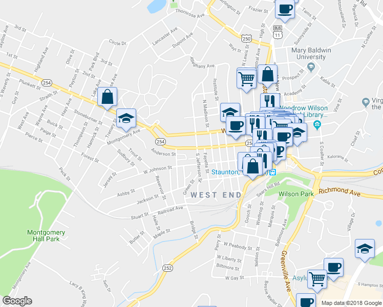 map of restaurants, bars, coffee shops, grocery stores, and more near 901 West Johnson Street in Staunton