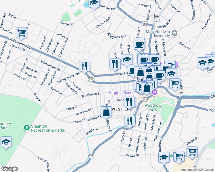 map of restaurants, bars, coffee shops, grocery stores, and more near 901 West Johnson Street in Staunton