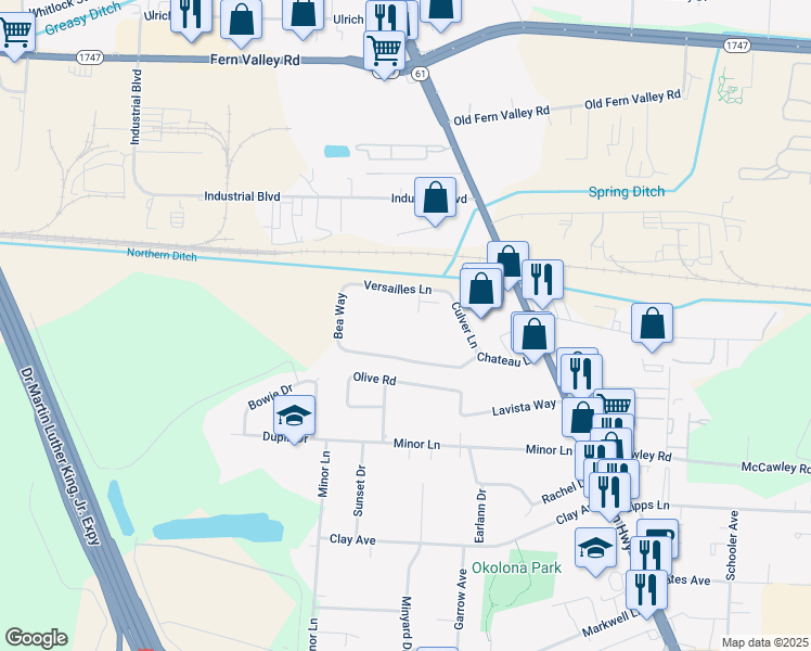 map of restaurants, bars, coffee shops, grocery stores, and more near 3419 Chateau Lane in Louisville