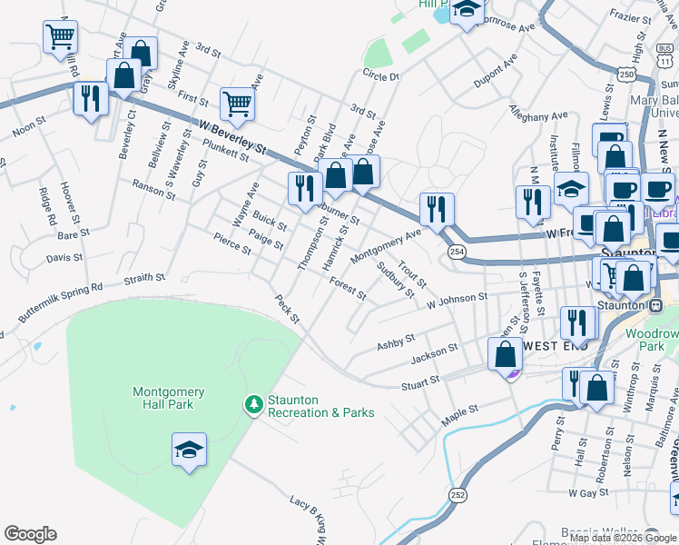 map of restaurants, bars, coffee shops, grocery stores, and more near 403 Montgomery Avenue in Staunton