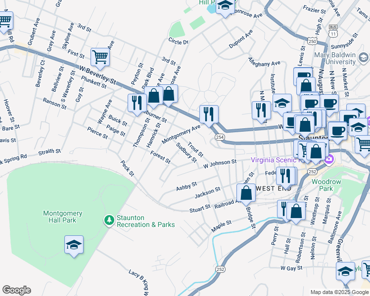 map of restaurants, bars, coffee shops, grocery stores, and more near 917 Sudbury Street in Staunton
