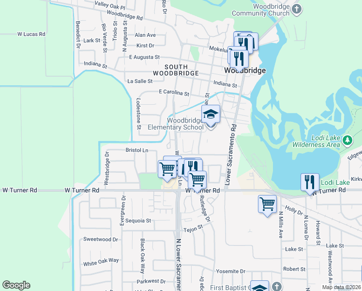 map of restaurants, bars, coffee shops, grocery stores, and more near 2400 Eilers Lane in Lodi
